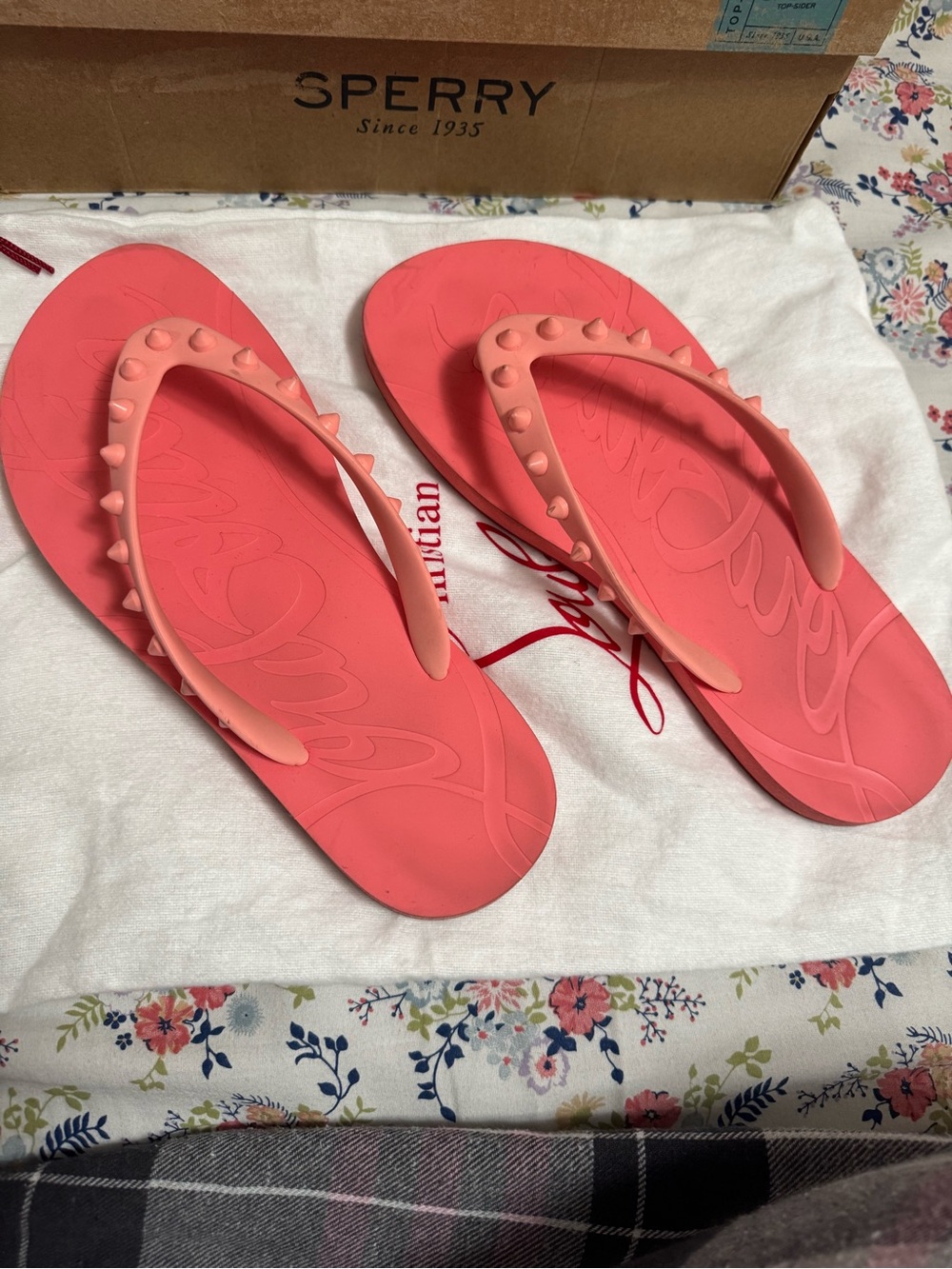 Christian Louboutin Coral Pink Stud-Accent Flip Flop Sandals